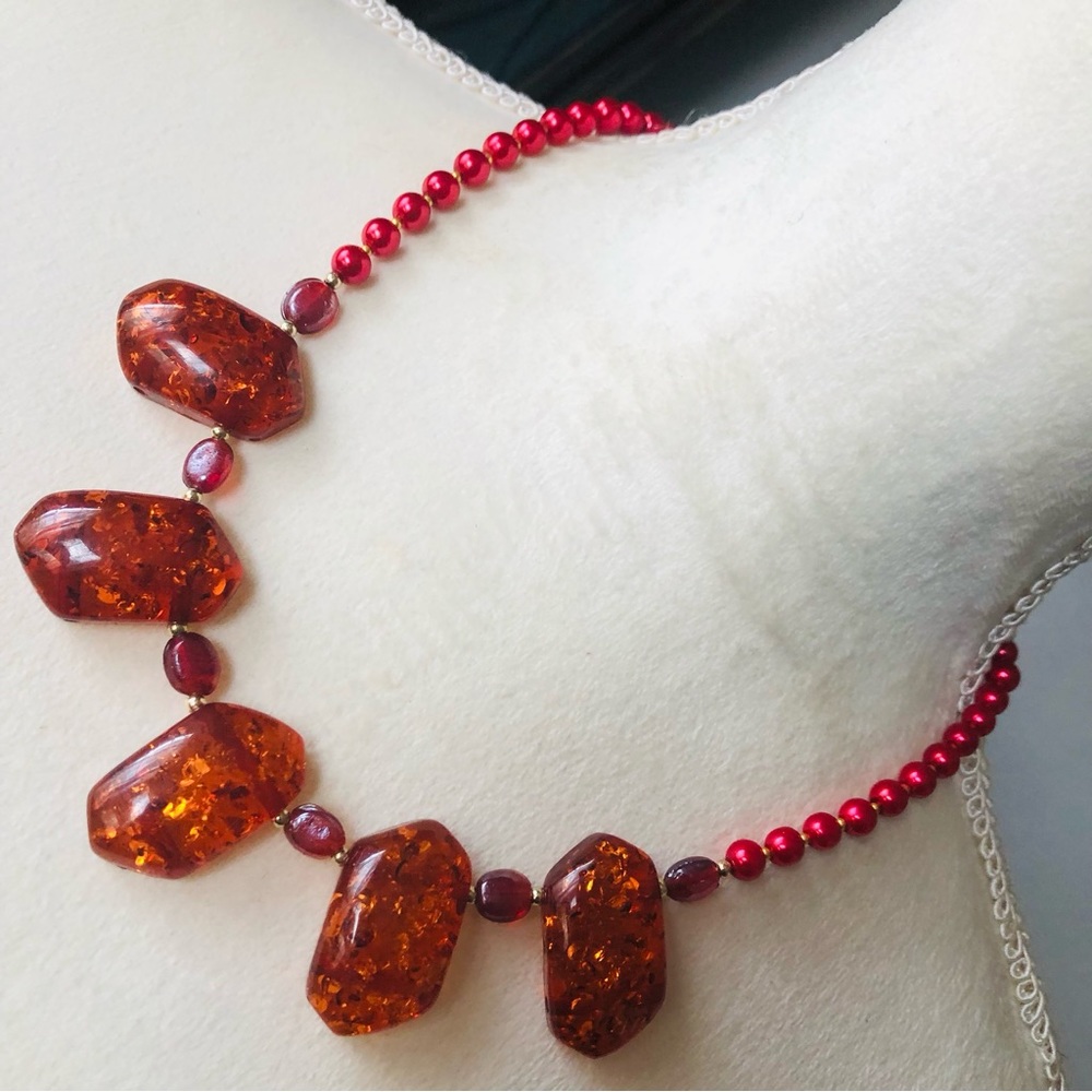 Handcrafted repurpose faux amber speckle bead Czech glass Pearl necklace